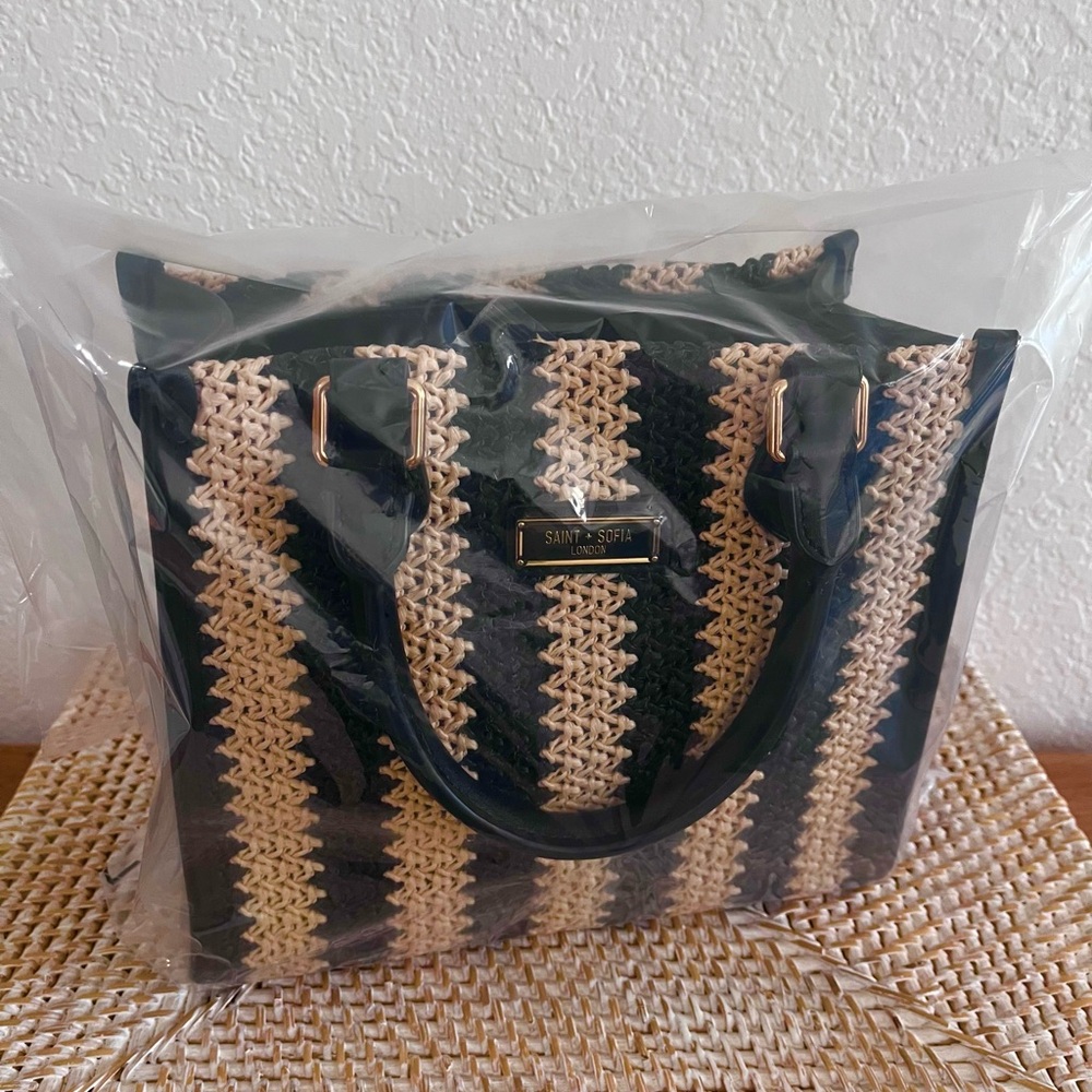 SAINT & SOFIA Mini Tote Bag Raffia Black/Tan Leather Artisan Handbag W/Strap - Picture 13 of 15